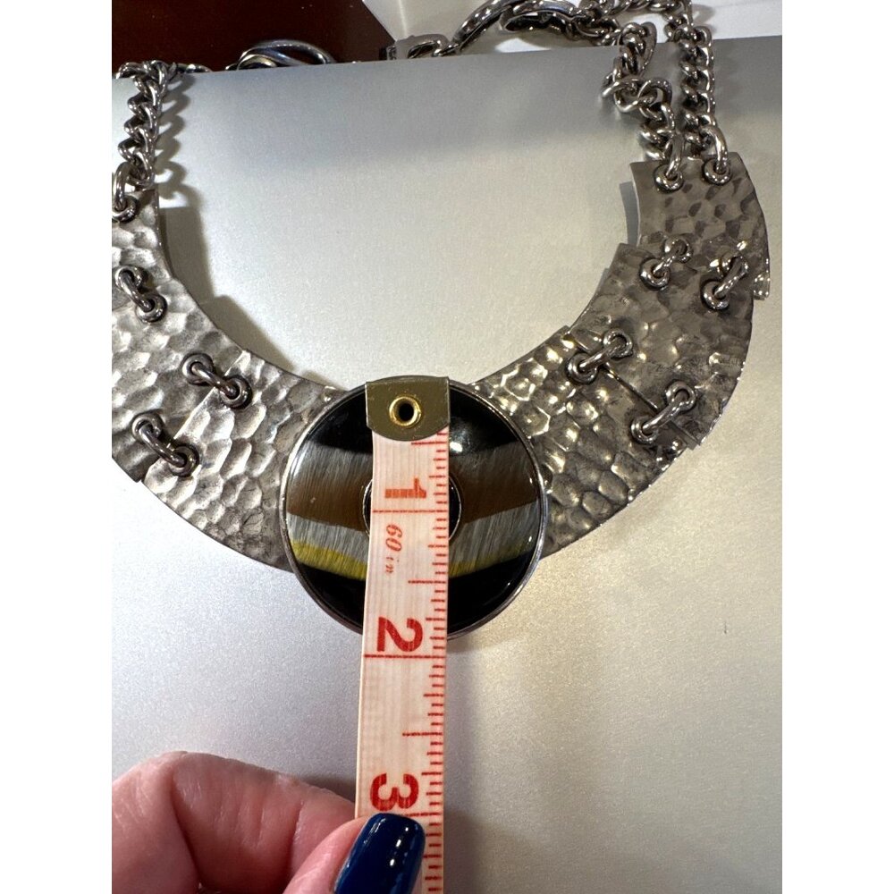 St. John Necklace Hammered Silver-Tone Chain Statement Collar Modernist Bib - Picture 9 of 10